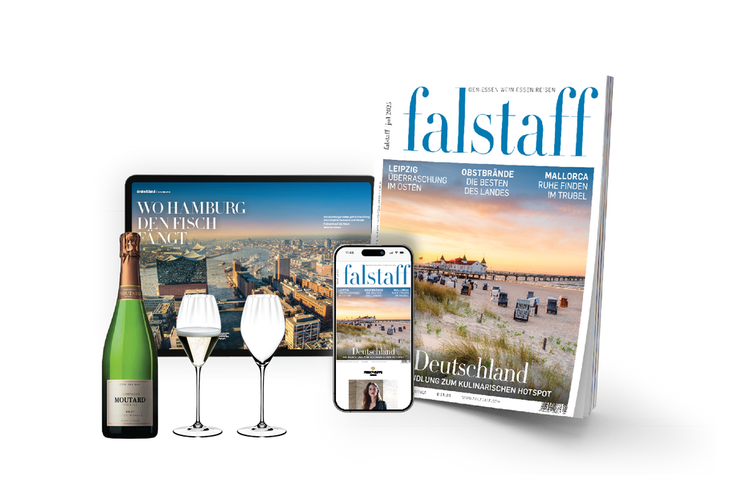 10 x FALSTAFF-MAGAZIN Print & Digital + Moutard Champagner +2 Riedel Performance Champagner Gläser